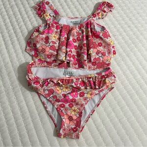 Nicole Miller Pink Floral Ruffle Two-Piece Swim Set